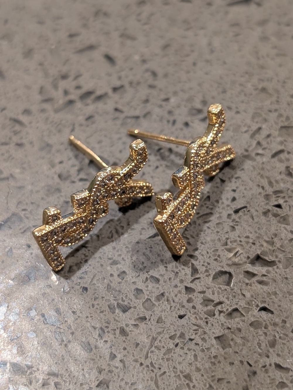 Yves Saint Laurent Crystal-Embellished Gold YSL Logo Stud Earrings - Picture 12 of 12